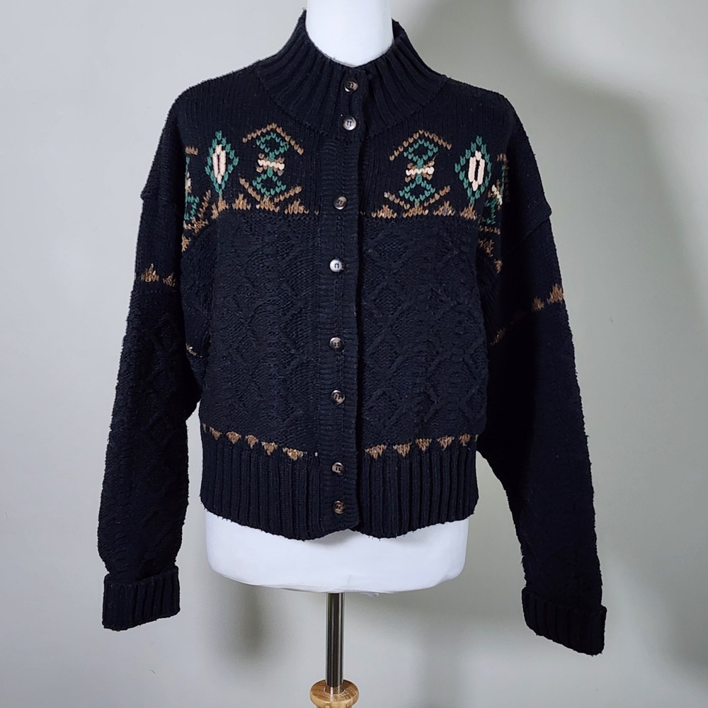Esprit Cardigan Sweater Medium Black Southwestern Cable Knit Vintage Wool Blend